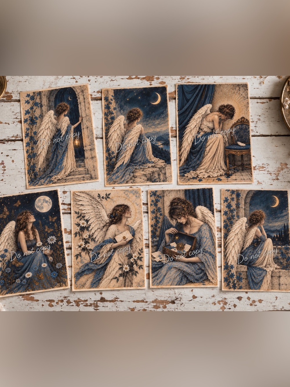 Hand Drawn Angel Original Art Print. Set Of 7 4x6 Vintage Celestial Wall Decor